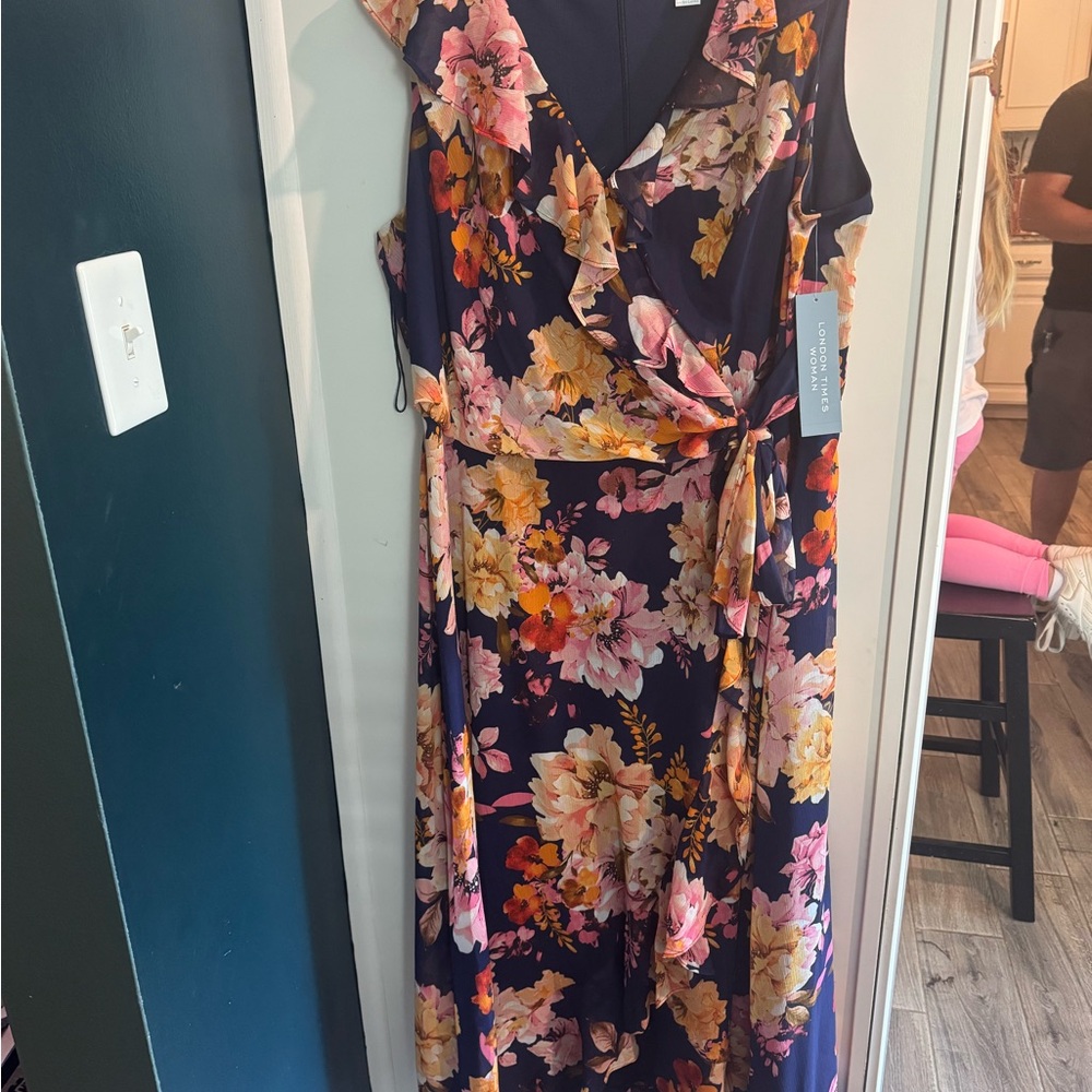 London Times Blue and Black Maxi Dress with Flutter Sleeves